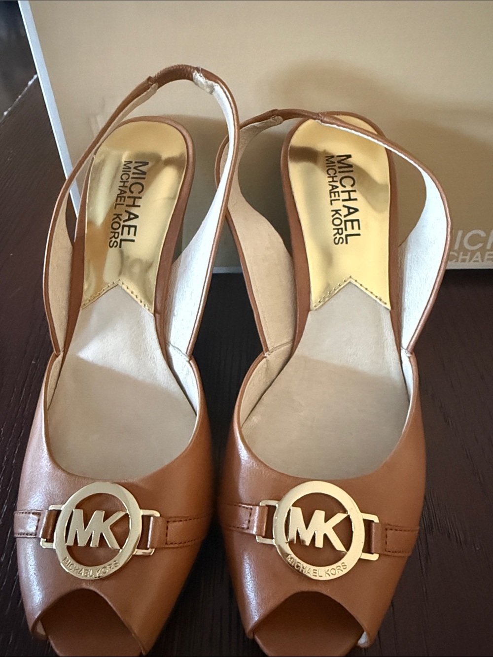 MICHAEL Michael Kors Brown Leather Peep-Toe Slingback Wedges with Gold MK Accent